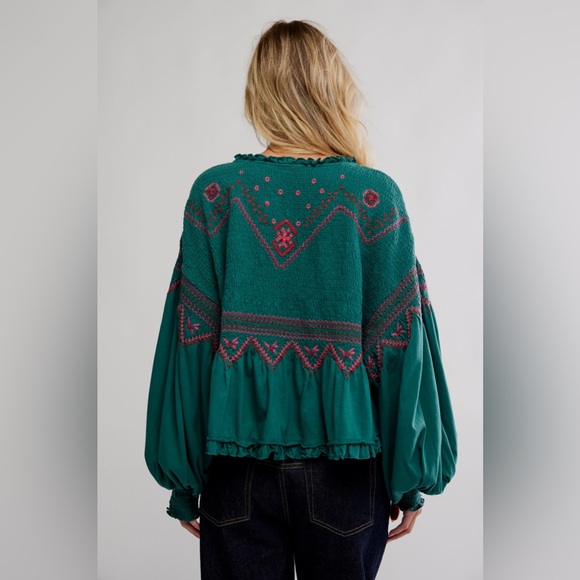 NWT FREE PEOPLE Holly Long Sleeve Knit Top | Green Combo MSRP $128 Size XL - Picture 9 of 13